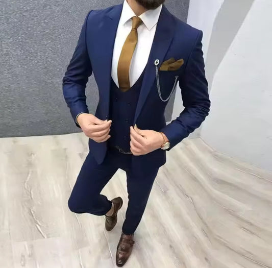 3-Piece, 1-Button Dark Blue Slim Fit Peak lapel Classic Suit