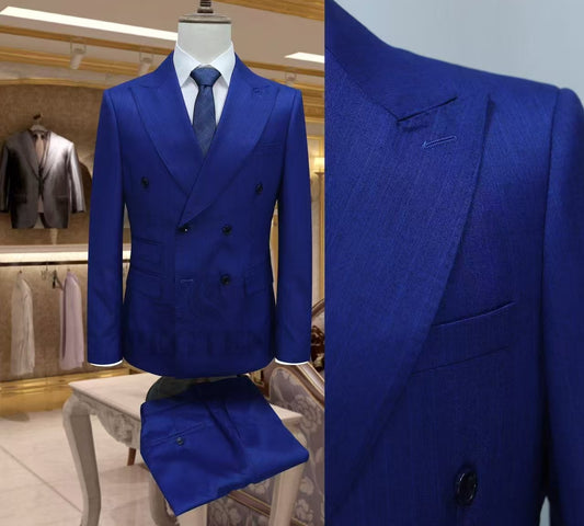 2-Piece Peak Lapel, 6-Button Double Breasted, Blue Suit With Faint Pin Stripes