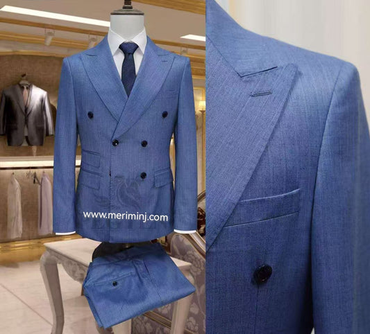 Blue Pin Stripes Slim Fit Double Breasted 6-Button Suit With Peak Lapel