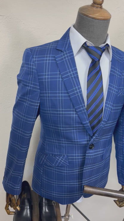 1-Button ,2-Split , Notch Lapel ,Slim Fit Check Blue Blazer